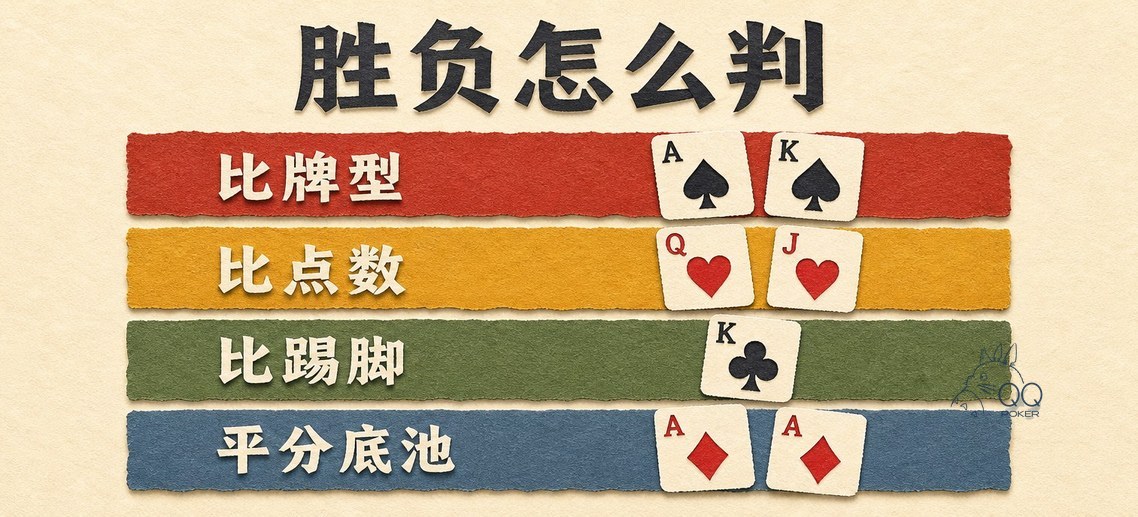 qqpk胜负判定四步：比牌型、比点数、比踢脚、平分底池